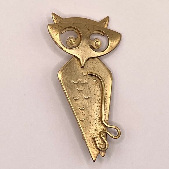 Vintage KIM CRAFTSMEN Owl MCM Mid Century Mod 10K Gold Plated Gold Tone Brooch - Picture 1 of 7